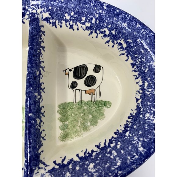 MOLLY DALLAS ROUND DIVIDED VEGETABLE BOWL ~ Pig Cow Blue Spatterware Farmhouse - Picture 8 of 10